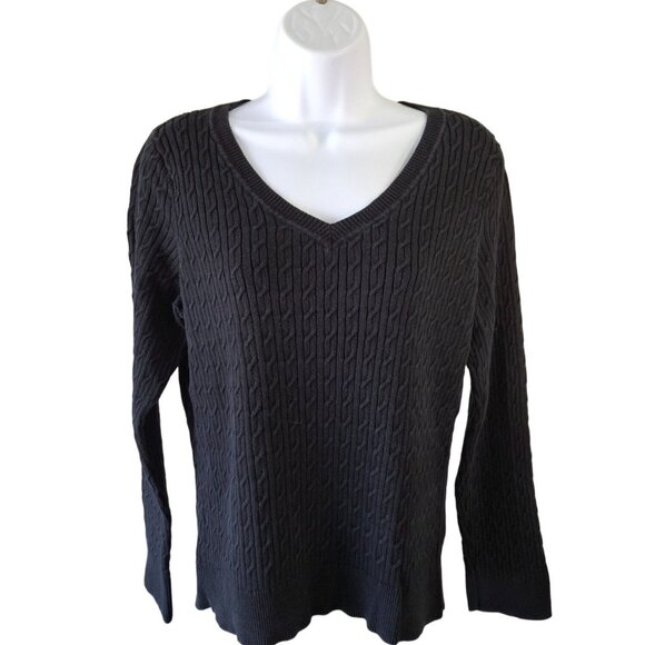 Talbots Cable Knit Sweater Pima Cotton XL Black VNeck Classic Preppy Chic Casual - Picture 1 of 7